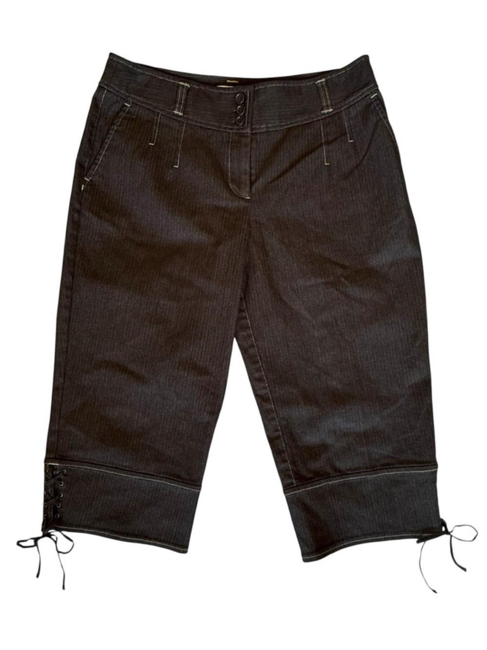 Loft Marisa Size 8 Petite Black Denim Capris Laced Ties at Cuffs, Crop Pants